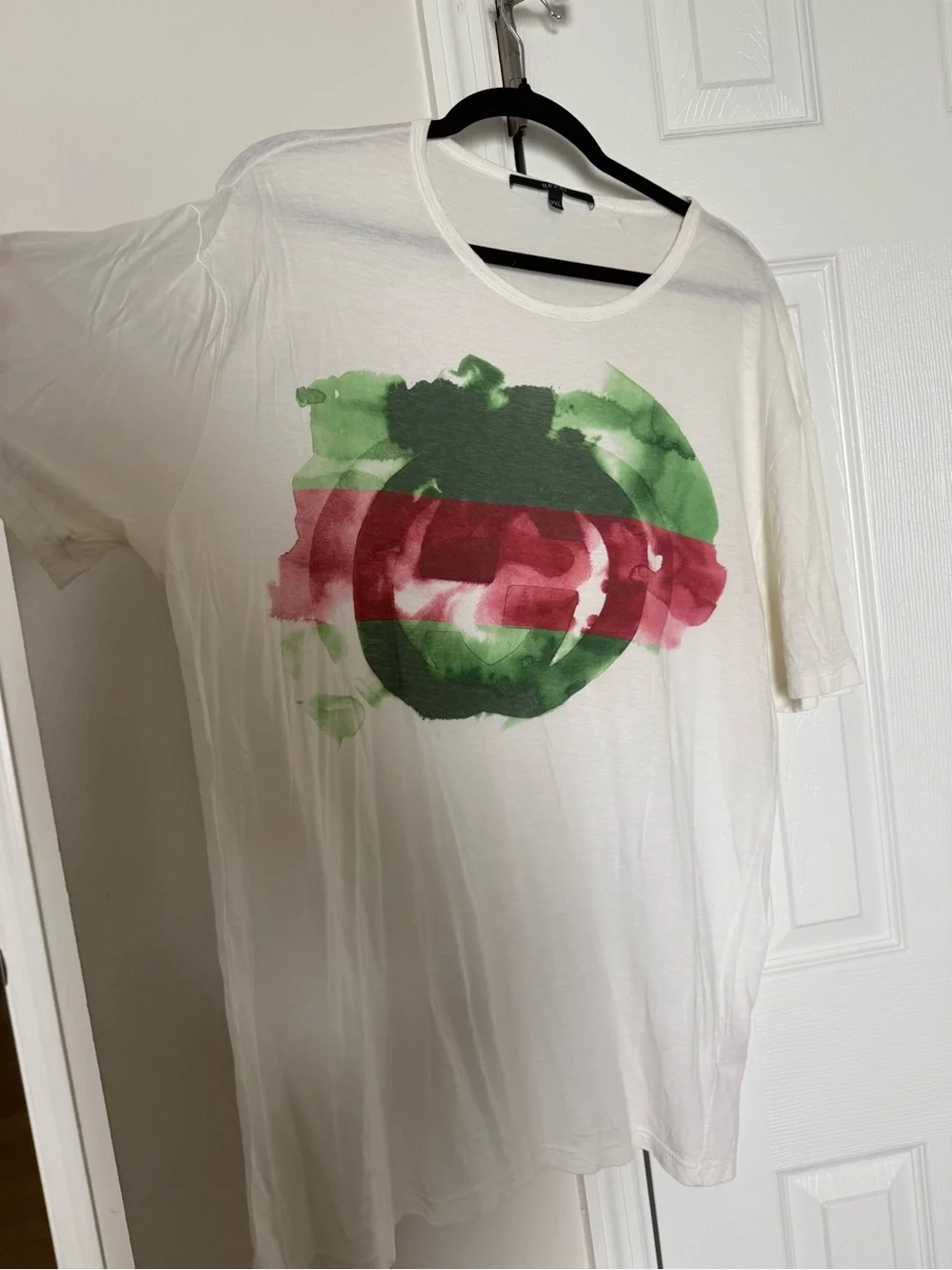 Men’s White Gucci Tee with Red and Green Watercolor Print